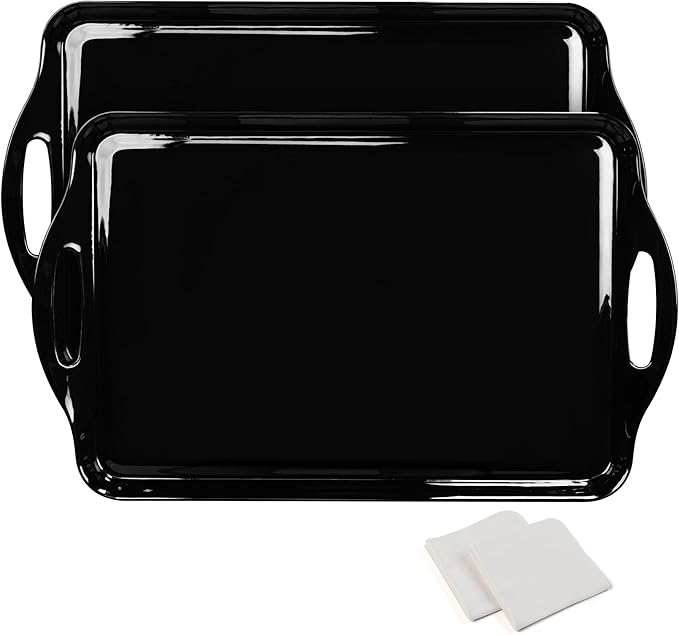 Large Black Serving Tray with Handles, 19''x11.6'' Halloween Thanksgiving Melamine Platters, Rectangular Trays for Serving Food, Turkey, Cookie, Cupcakes, Desserts, Dishwasher Safe, BPA-Free, Set of 2
