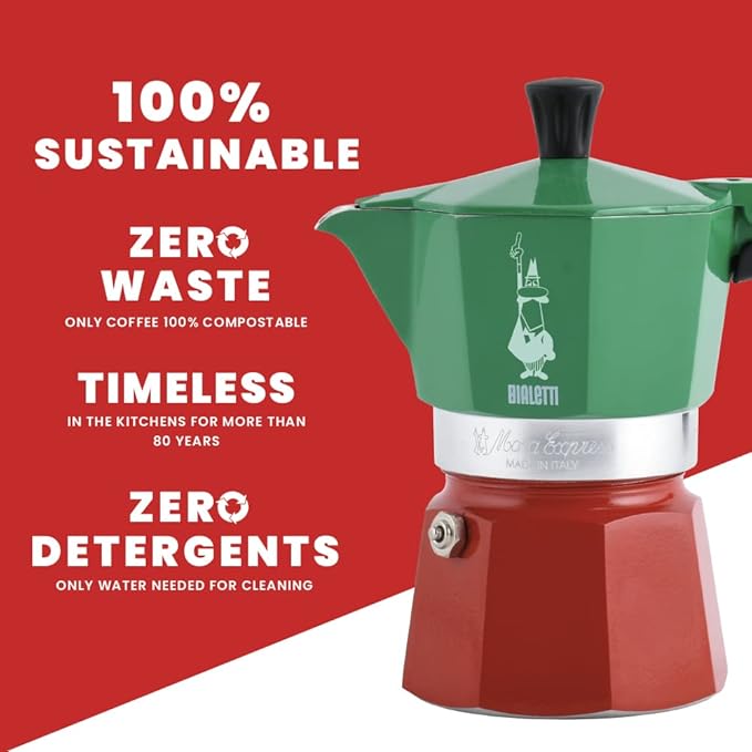 Bialetti - Moka Express Italia Collection: Iconic Stovetop Espresso Maker, Makes Real Italian Coffee, Moka Pot 3 Cups (4.3 Oz - 130 Ml), Aluminium, Colored in Red Green Silver