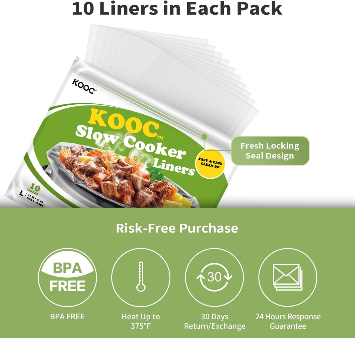 KOOC Slow Cooker Liners 13x21 inch 10 Count Large Size Disposable Pot Liners Cooking Bags Fit 3QT to 8.5QT Pot BPA Free Fresh Locking Seal Design