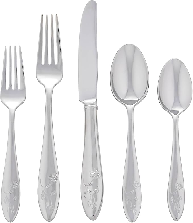 Lenox Silverware Set For 12, Butterfly Meadow 65-Piece Flatware Set, Service For 12, 18/10 Stainless Steel, Dishwasher Safe, Butterfly and Flower Motif, Includes Serving Utensils (Silver, 65 Piece)