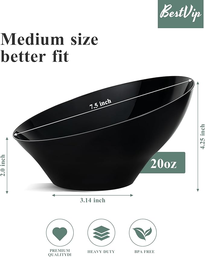 BESTVIP 20oz Black Plastic Serving Bowls for Party - 12 Pack Angled Disposable Serving Bowls, Party Bowls for Chips, Snacks, Fruit, Salad - Catering Bowls for Daily Use, Parties, Christmas