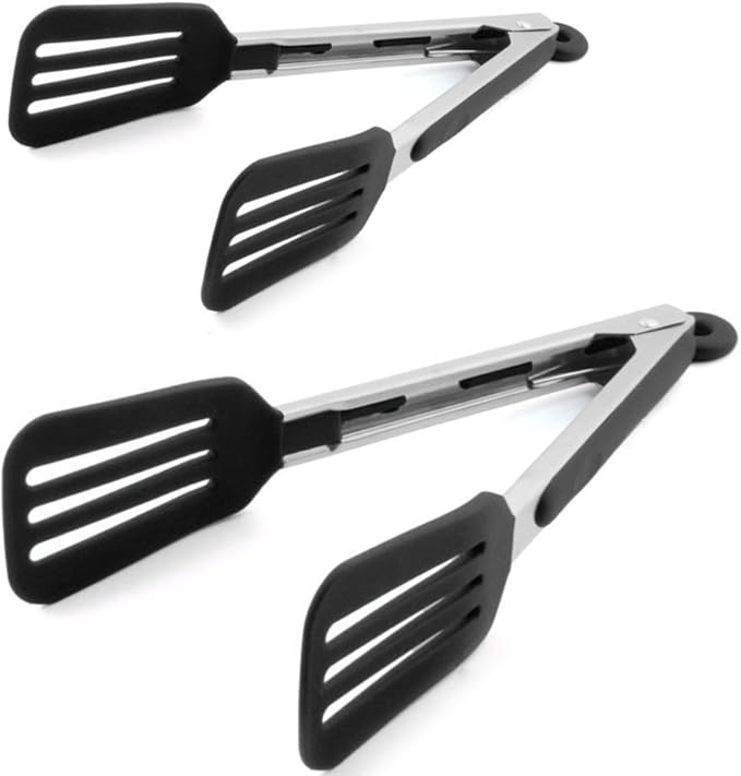 Cooking Tongs 9 inches and 12 inches Stainless Steel Kitchen Silicone Serving Tong Heat Resistant Meat Turner Spatula Tongs with Locking Handle Joint