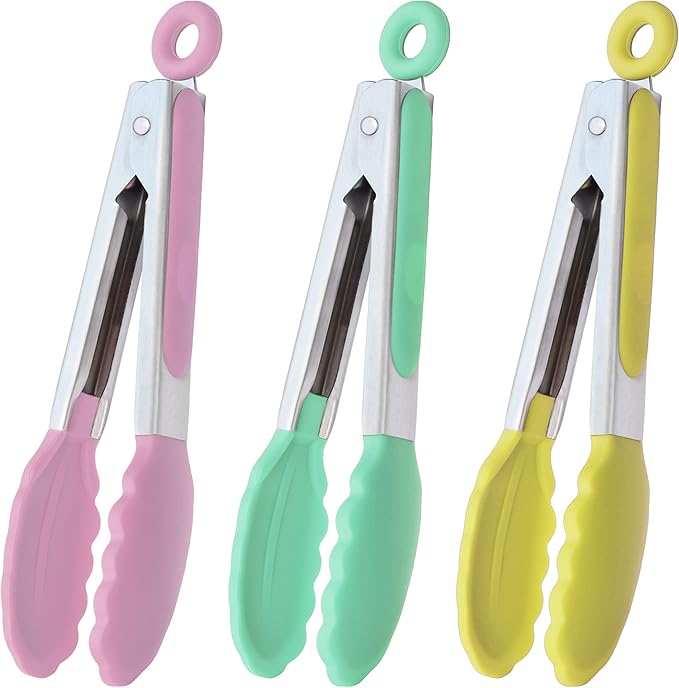 Small Tongs with Silicone Tips 7-Inch Serving Tongs, Set of 3 (Pink Mint Yellow)
