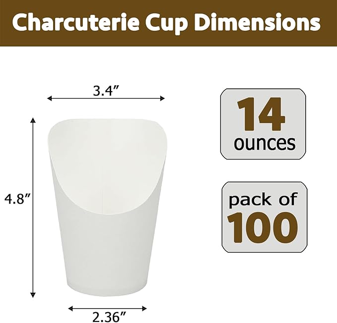 CAMKYDE 100 Pcs French Fries Holder, 14oz Disposable Paper French Fry Cups White Charcuterie Cups for all Occasions (14oz, White)