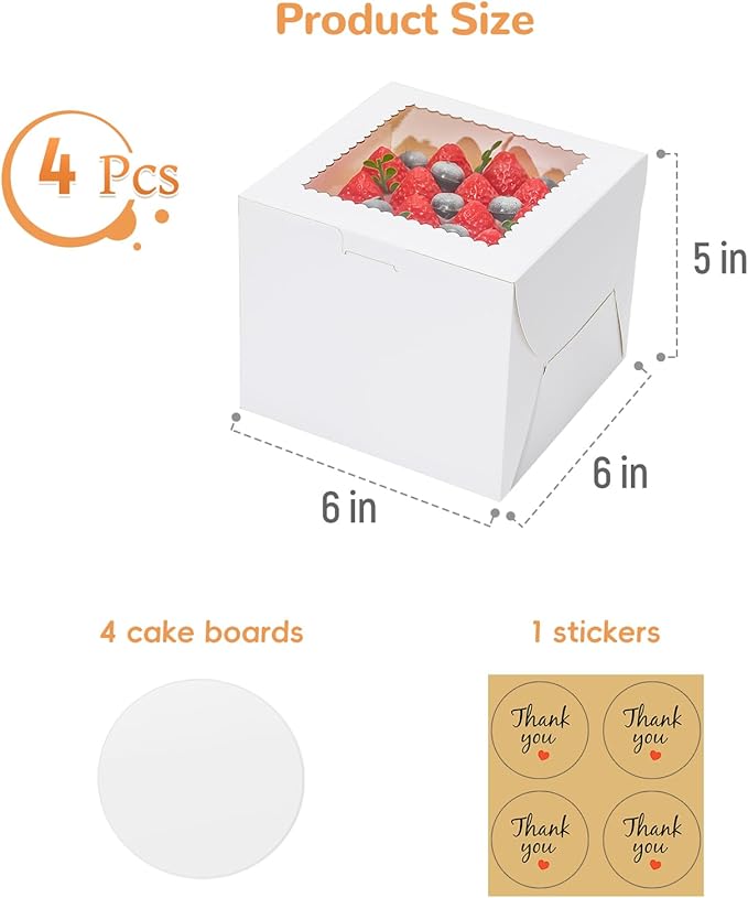 4pcs 6 Inch Cake Boxes with Sticks and Boards for Cookies, Small Cakes, Mini Desserts, Bento, and Bakery, Cupcake Box for Birthday, Party, Wedding, Mother's Day, Christmas（6x6x5 inch）