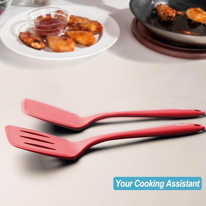 600˚F Heat Resistant Silicone Spatula Set, 13.6" Kitchen Spatula Turners for Non Stick Cookware, Flexible Spatulas with Thin Edges, Seamless Cooking Utensils for Fish, Eggs, Pancakes, Red