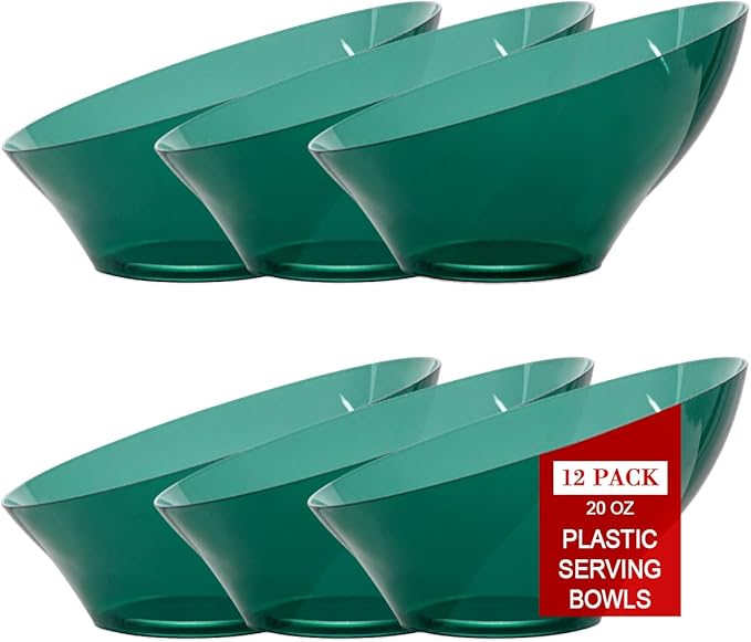 bUCLA 12 Pack Clear Green Plastic Serving Bowls - 20 OZ Christmas Angled Serving Bowls Disposable for Chip, Candy, Salad & Fruit - Ideal for X’mas Party