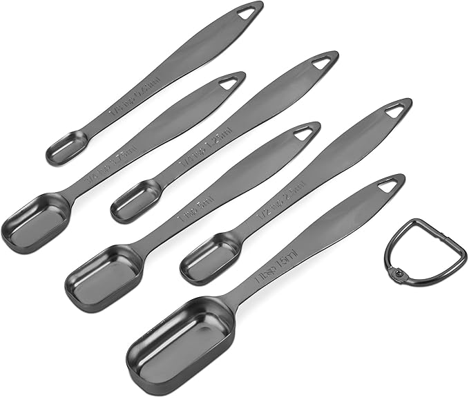 Accurate 18/8 Stainless Steel Measuring Spoons, Heavy Duty Good Handle Set of 6 Measuring Spoon with Ring Connector, Dark Grey