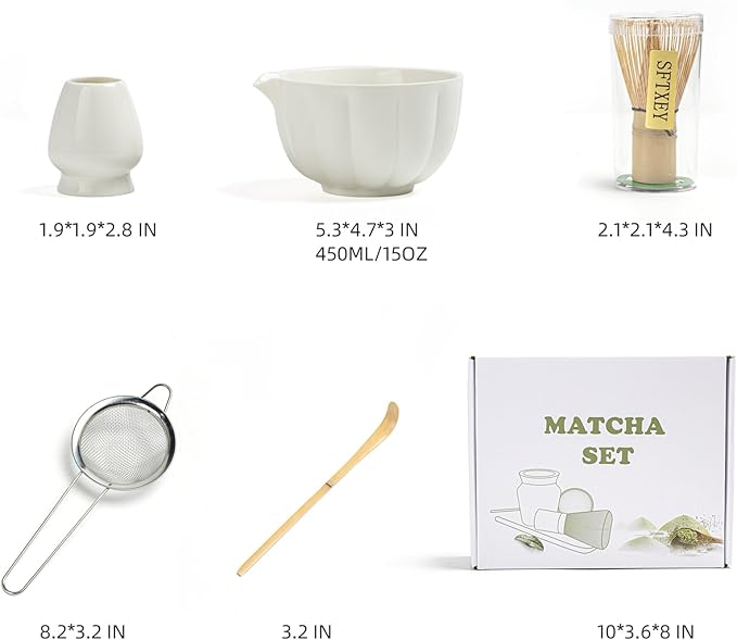 Matcha Whisk Set, Matcha Set Includes Ceramic Matcha Bowl, Bamboo Whisk, Scoop, Chasen Holder, Sifter, 5 Pcs Perfect Matcha Kit for Macha Lover (Pearl White)