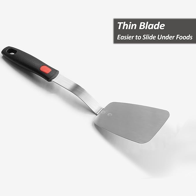 Stainless Steel Flexible Spatula Solid Turner, XiaoZu Thin Metal Spatula for Cast Iron Skillet, Thin Blade and Heat Resistant Silicone Handle, Great for Egg, Cookie, Meat, Crep, Medium