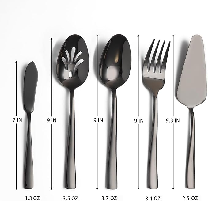 Large Hostess Serving Utensils Set, Stainless Steel Heavy Duty Serving spoons, Slotted Spoons, Serving Fork, Cake Server, Butter Knife, Dishwasher Safe (Black)