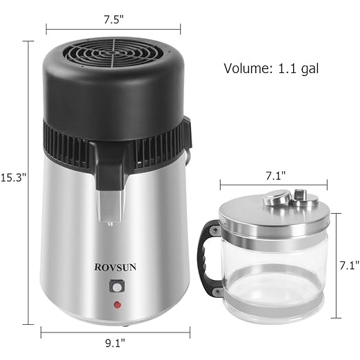 ROVSUN【Upgraded】 1.1 Gallon/4L Water Distiller Stainless Steel for Home, 750W Distilled Water Maker Machine, Water Distillers Countertop, Water Maker Purifier with Glass Container, 1L/H