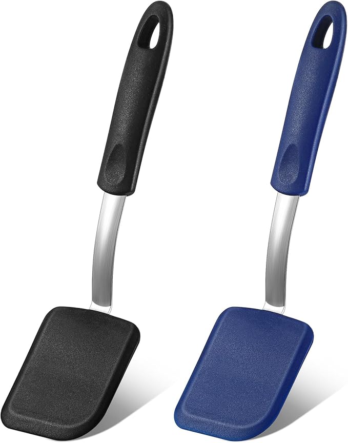 Silicone Cookie Spatula Turner 2 Pack Mini Brownie Spatula Flexible Kitchen Small Silicone Turner for Nonstick Cookware Heat Resistant No Scratch Flipper for Egg Pancake(Black,Blue)