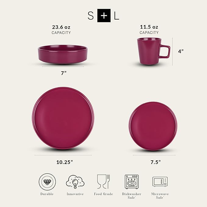 Stone Lain Cleo Modern Stoneware 16-Piece Dinnerware Set, Plates and Bowls Set, Dish Set Service For 4, Magenta