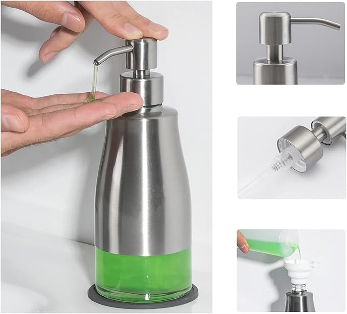 Gaussra 2 Pack Soap Dispenser with Coaster and Stickers, Stainless Steel Case Glass Liner Hand Pump Dispenser, Refillable Liquid Hand Soap Dispenser for Bathroom & Kitchen - Brushed Nickel
