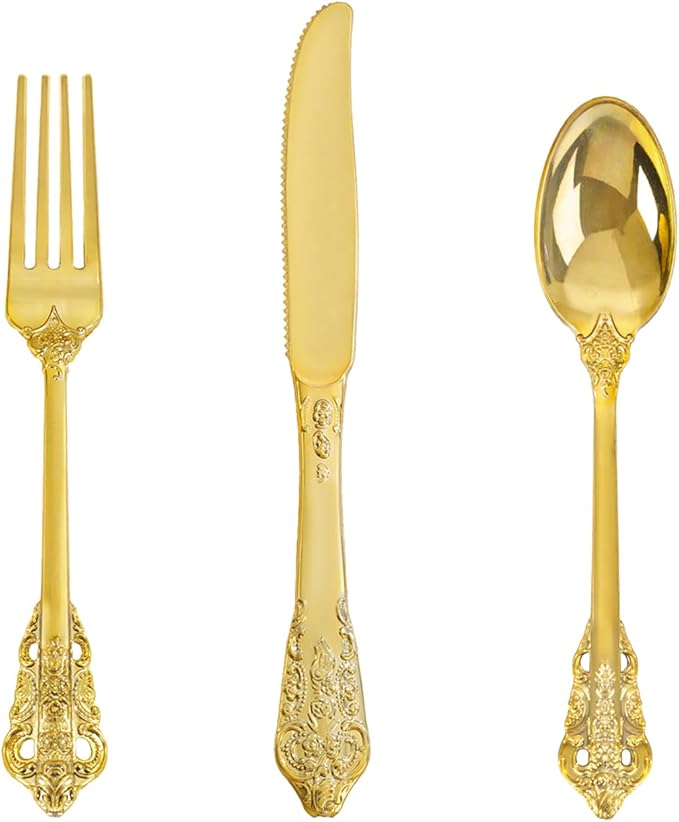 bUCLA 150PCS Gold Plastic Silverware Disposable - Heavy Duty Plastic Cutlery - Gold Disposable Utensils Set - Include 50 Knives, 50 Forks, 50 Spoons for Party & Thanksgiving