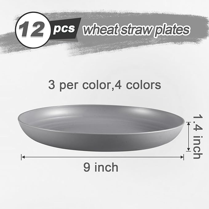 12 Pcs Unbreakable Deep Dinner Plates Set, 9 inch Reusable Plastic Wheat Straw Plates, Microwave and Dishwasher Safe Plate for Kitchen, Lightweight Plate for Dessert, BPA Free, 4 Colors