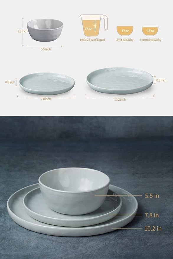 Famiware Mars Plates and Bowls Set, 18 Pieces Dinnerware Sets, Dishes Set for 6, Light Gray