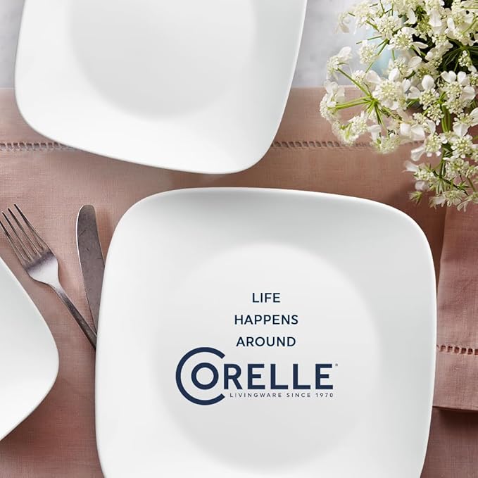 Corelle Vitrelle 18-Piece Service for 6 Square Dinnerware Set Triple Layer Glass and Chip Resistant, Lightweight Square Plates and Bowls Set, Pure White