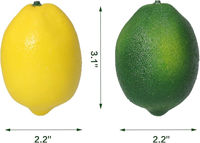Fake Fruit Artificial Lemons 24 Pcs, Faux Lemon Leaves 12 Pcs Lifelike Fake Lemon Decor for Kitchen Table Cabinet Party Plastic Fruits Photography Prop
