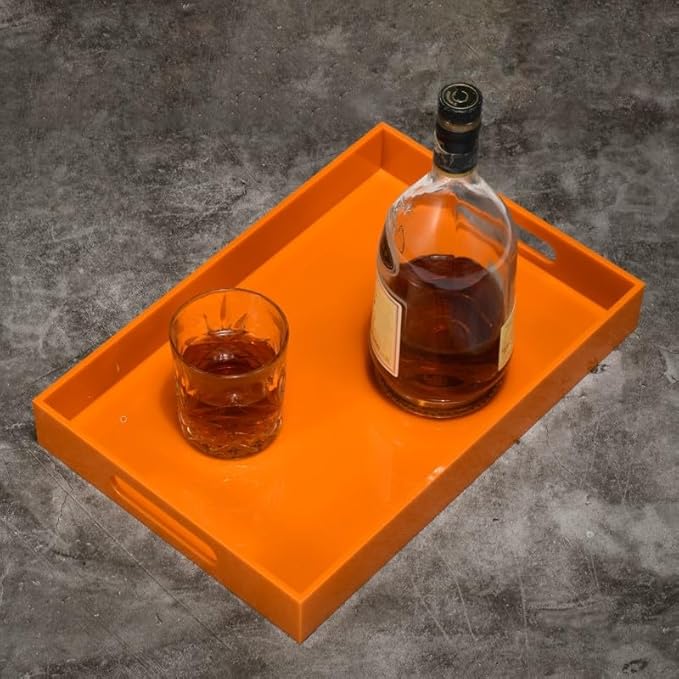 Orange Sturdy Acrylic Serving Tray with Handles-10x15Inch-Serving Coffee,Food,Breakfast,Butler-Kitchen Countertop Tray-Makeup Drawer Organizer-Vanity Table,Ottoman Tray-Decorative Tray