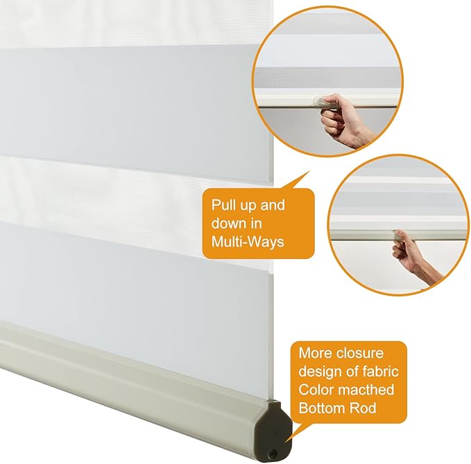 Persilux Cordless Zebra Blinds for Indoor Windows, Free-Stop Zebra Blinds Cordless, Light Filtering Sheer Shades Dual Layer for Day and Night, Zebra Roller Shades for Home (36.25" W X 64" H, White)