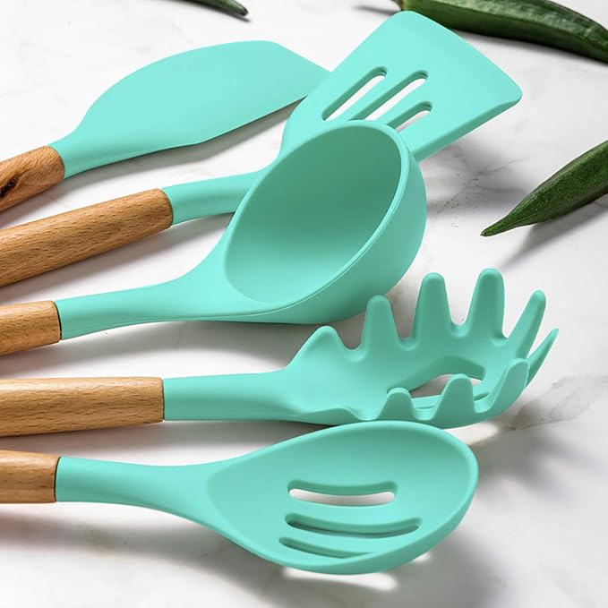 Umite Chef Kitchen Cooking Utensils Set, 24 pcs Non-stick Silicone Cooking Kitchen Utensils Spatula Set with Holder, Wooden Handle Heat Resistant Silicone Kitchen Gadgets Utensil Set (Green)