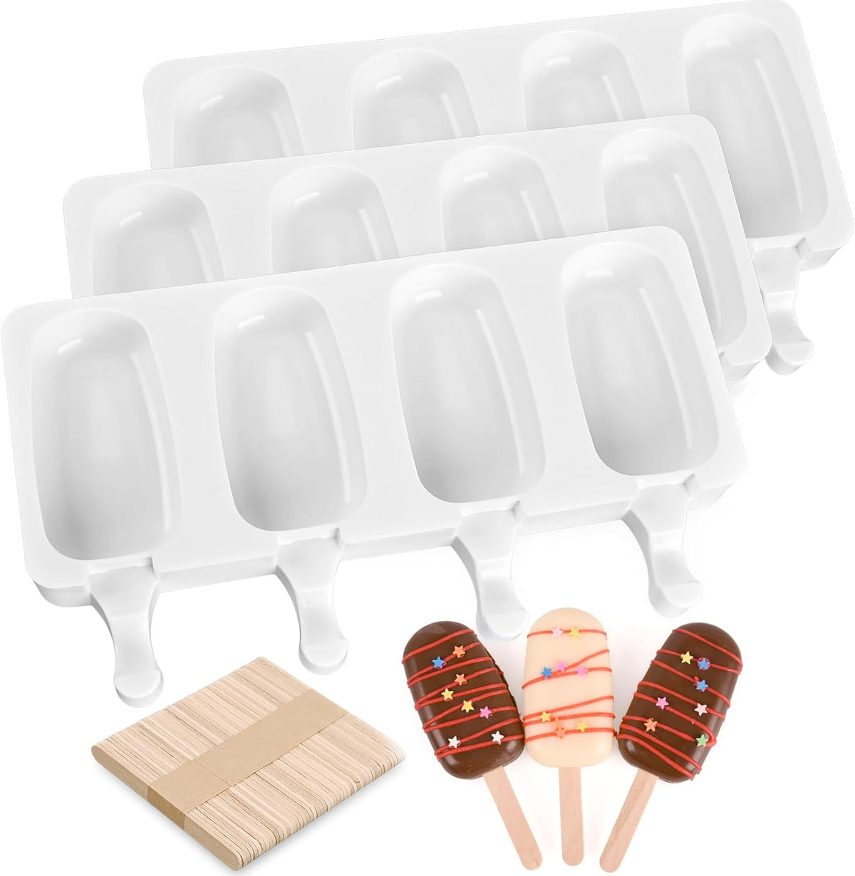 Sakolla 3 Pack Large Popsicle Molds 4 Cavities Cake Pop Silicone Molds Oval Ice Cream Cakesicle Molds for Homemade Ice Pop with 100 Wooden Sticks