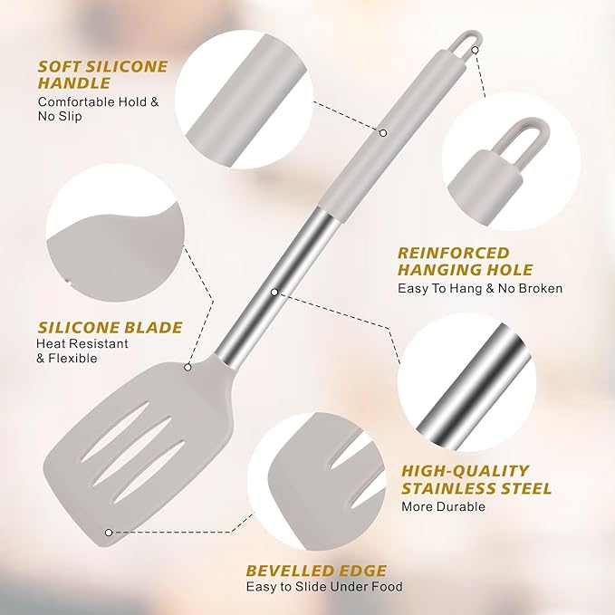 3Piece Silicone Spatula Set, Heat-Resistant, Non-Stick Kitchen Spatulas, BPA-Free, for Eggs, Pancakes, Fish, Woks, Includes Multifunctional shelf spoon pad (khaki)