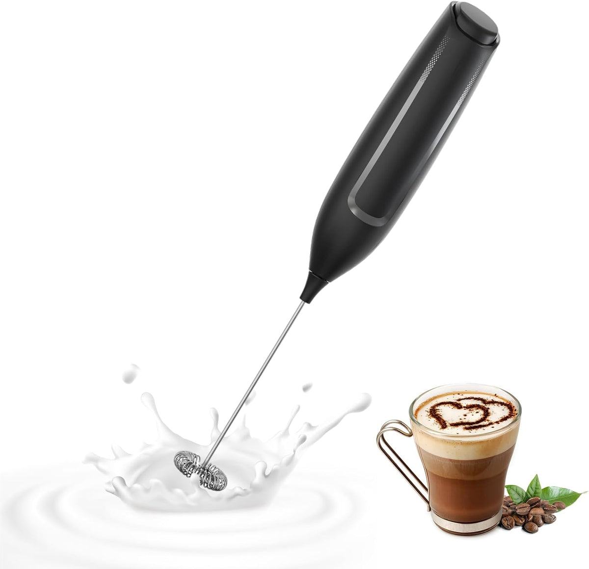 Milk Frother Handheld Battery, Electric Foam Maker Frother Wand, Drink Mixer with Stainless Steel Whisk for Coffee, Matcha, Lattes, Cappuccino Black