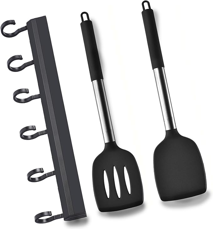 3Piece Silicone Spatula Set, Non Stick Slotted Kitchen Spatulas, High Heat Resistant BPA Free Cooking Utensils, Ideal Cookware for Fish, Eggs, Pancakes(black)