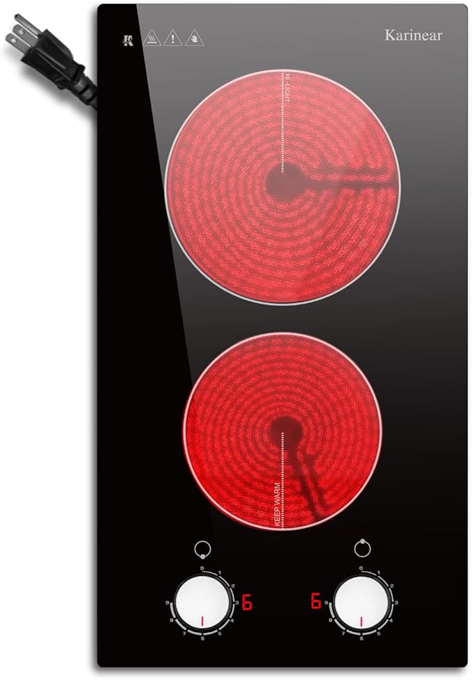 Karinear 110V Electric Cooktop 2 Burners Electric Stove 12 Inch Knob Control Countertop & Built-in Ceramic Cooktop, 9 Heating Level, Hot Warning, Over-Temperature Protection(White Knob)