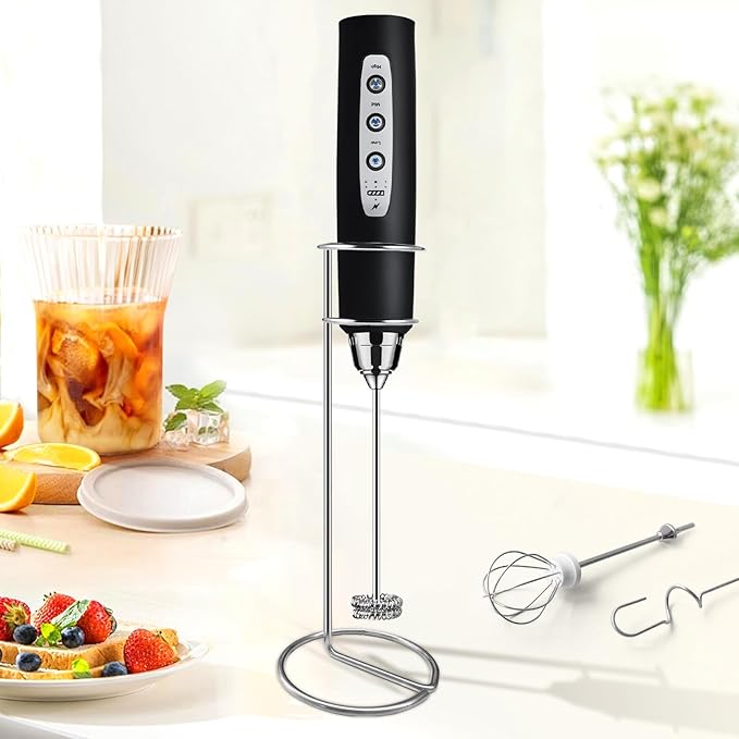 Sakgos Milk Frother with Stand Rechargeable-Handheld Coffee Frother with 3 Stainless Whisks 3 Speed Adjustable, Electric Whisk Drink Mixer, Foam Maker Blender for Matcha Latte Cappuccino Chocolate