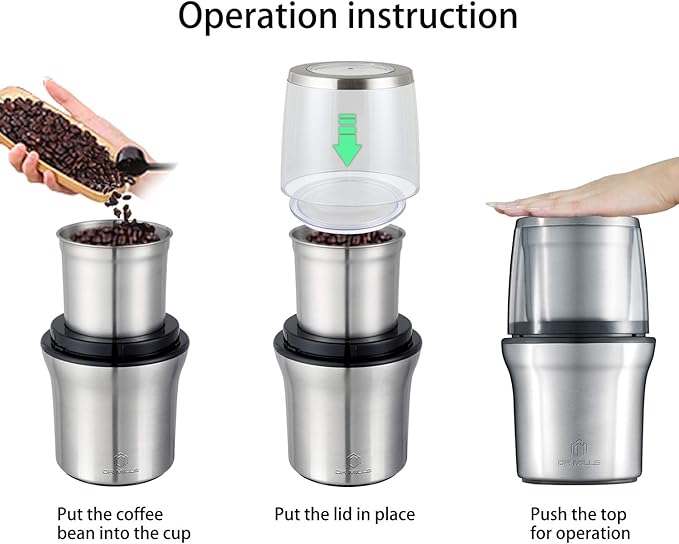 DR MILLS DM-7412M Stainless Steel Electric Dried Spice and Coffee Grinder,2 in 1 Wet and Dry, Removable Cups, Dishwasher Safe