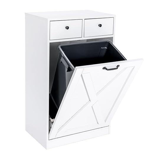 13 Gallon Tilt Out Trash Cabinet with 2 Drawers Wood Hidden Kitchen Recycling Cabinet Free Standing Pet Proof Trash Can Laundry Cabinet for Kitchen (White)