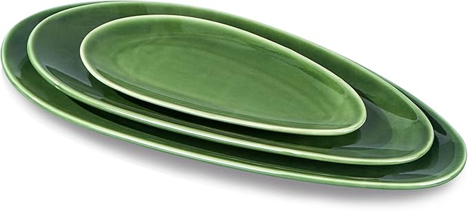vicrays Large Oval Serving Platters, 16"/14"/10" Porcelain Serving Platters for Party, BBQ,Stackable Serving Trays Serving Plates for Appetizers, Sushi, Restaurant, Set of 3 (Green)
