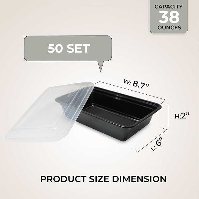 Klex 38 Oz, 50 Sets Meal Prep Containers with Airtight Lids, BPA Free, Reusable Plastic Food Container, 38 oz, Rectangular, Black/Clear, 50 Sets