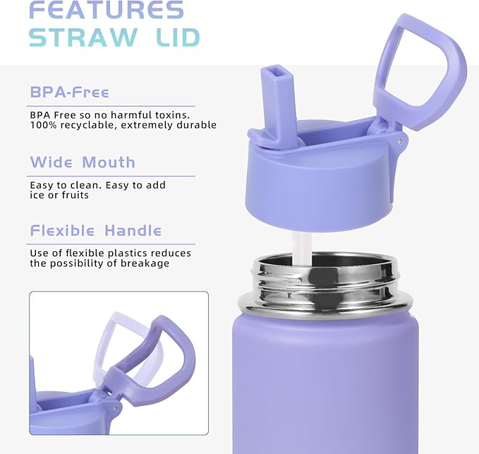 Volhoply 14oz KIds Stainless Steel Insulated Leakproof Bottles Water Bottle with Straw Lid and Silicone Boot,BPA-Free Easy Use for Boys&Girls,Double Wall Vacuum Bottles(Purple Blue,1)