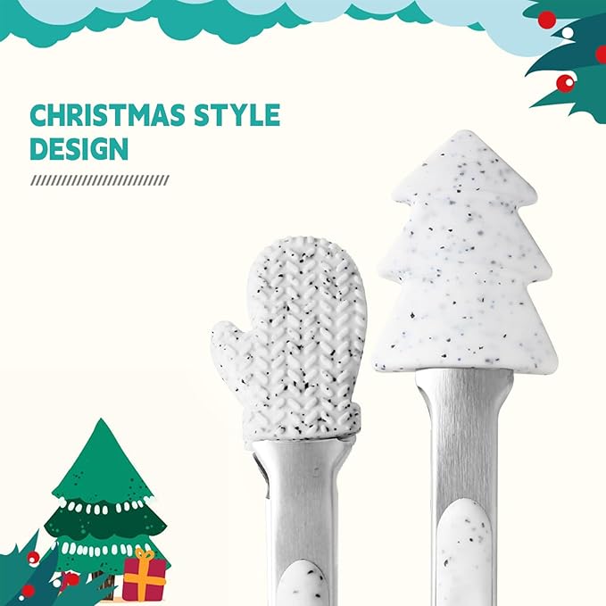 NileHome Christmas Kitchen Tongs, 2 Pack 10" Professional Stainless Steel Metal Tongs – Heat-Resistant for Grilling, BBQ, Serving Salad, Pasta, and Kitchen Use, Dishwasher Safe, White