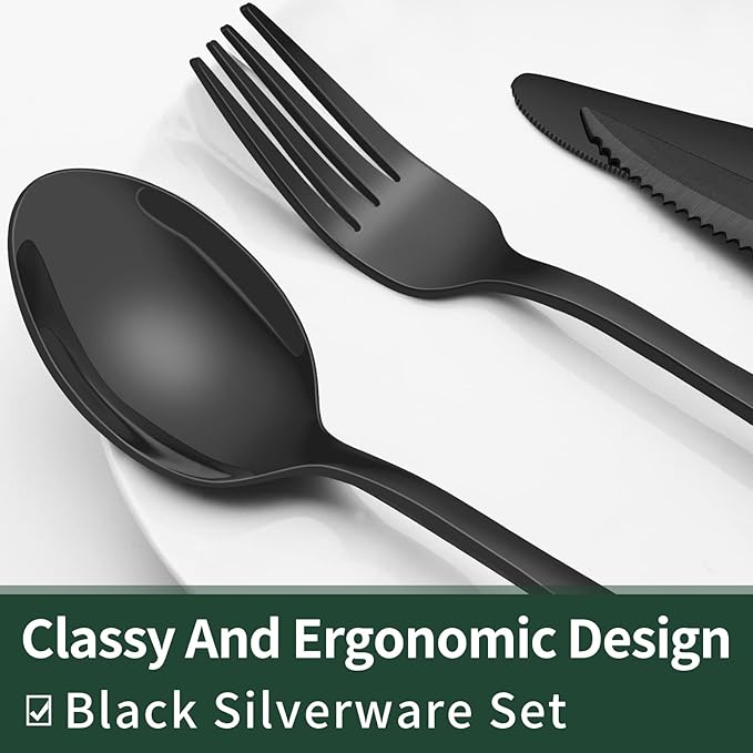 EWFEN 24-Piece Black Silverware Set with Steak Knives, Black Flatware Set for 4, Food-Grade Stainless Steel Tableware Cutlery Set, Mirror Finished Utensil Sets for Home Restaurant, Round Edge