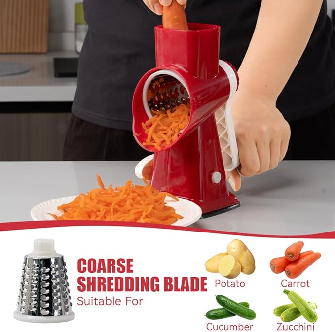 KEOUKE Rotary Cheese Grater Hand Crank Red - Shredder Slicer Grinder 3 Stainless Steel Blades, Stable Suction, Labor-Saving Handle, Safe Kitchen Tool for Cheese, Vegetable, Nuts, Chocolate