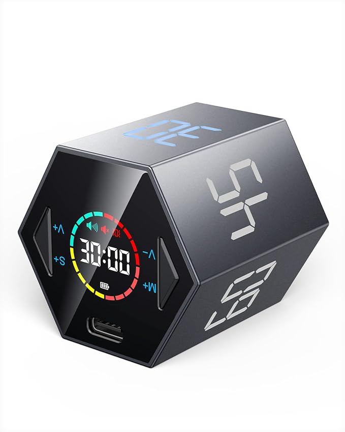 Ticktime Pomodoro Timer Cube, Hexagon Productivity Timer, Pause & Resume, Silent, Vibrate & Adjustable Sound Alert, for ADHD, Task, Work, Study, 5/15/25/30/45/60min & Custom Countdown,Gray