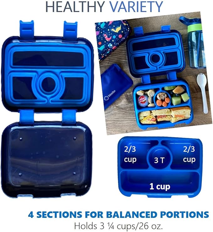 Bento Lunch Box with Bag, Water Bottle & Ice Pack Set for Kids Toddlers, 4 Portion Sections, Removable Tray, Pre-School Boy Toddler Daycare Lunches, Insulated Snack Container, Blue Space Dinosaur