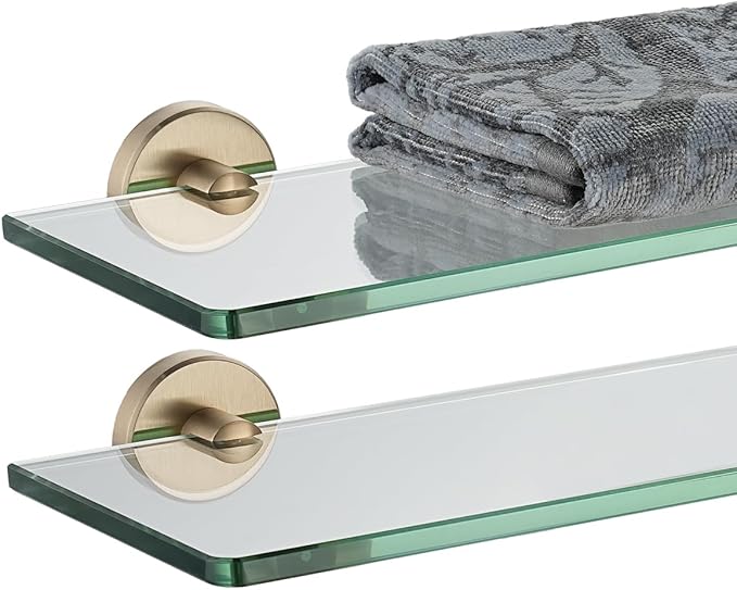 JQK Bathroom Glass Shelf, Tempered Glass Shower Storage 20 by 5 inches, 304 Stainless Steel Champagne Bronze Wall Mount, 2 Pack, TGS101L20-CB-P2