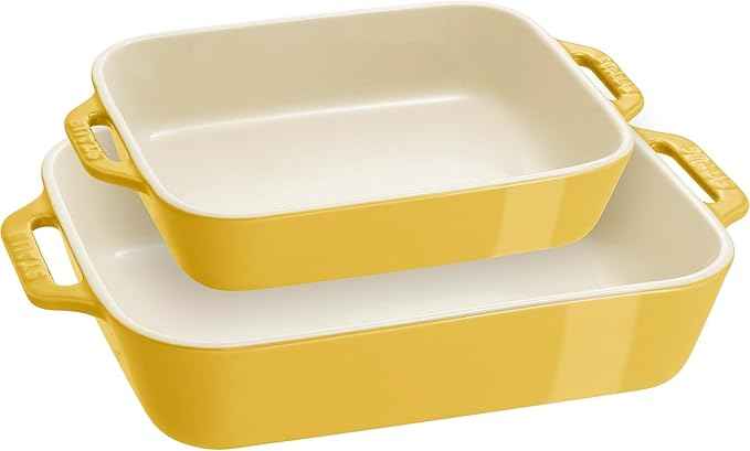 STAUB Ceramic Rectangular Baking Dish Set, Casserole Dish, 2-Piece, Citron