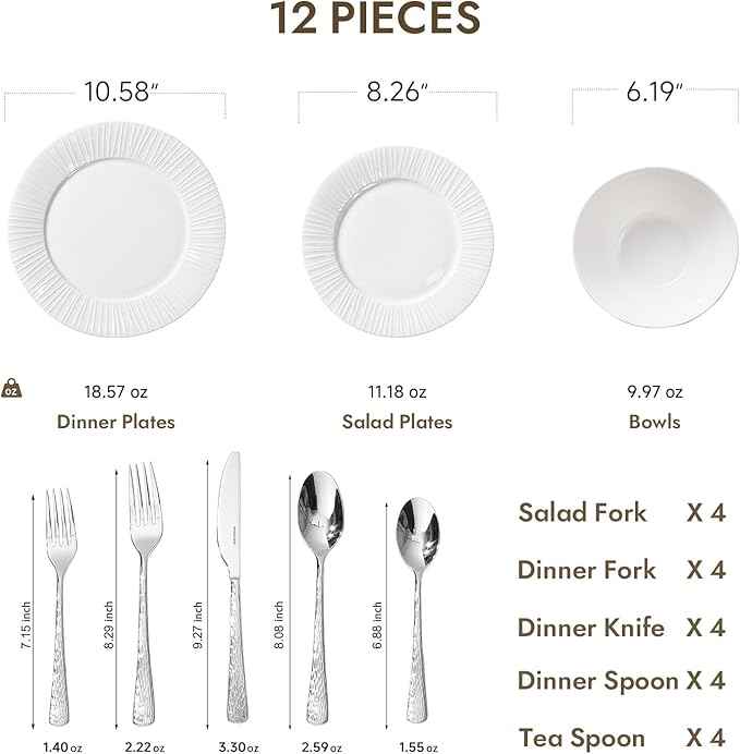 KINGSTONE 12-Piece Bone China Dinnerware Set with 20-Piece flatware, White Lightweight Porcelain Service for 4, for Family Dining, Restaurants, Gifting，Microwave and Dishwasher Safe