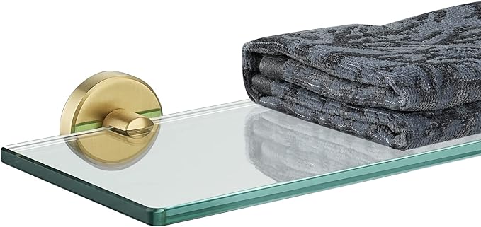 JQK Bathroom Glass Shelf Gold, Tempered Glass Shower Storage 24 by 5 inches, 304 Stainless Steel Brushed Gold Wall Mount, TGS101L24-BG