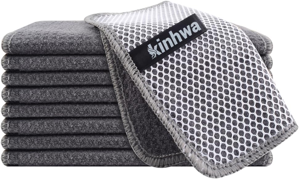 KinHwa Kitchen Washcloths for Dishes Absorbent Microfiber Dish Cloths Quick Dry Dish Rags with Poly Scour Scrub Side Ideal for Kitchen Cleaning(9, Grey, 7in)