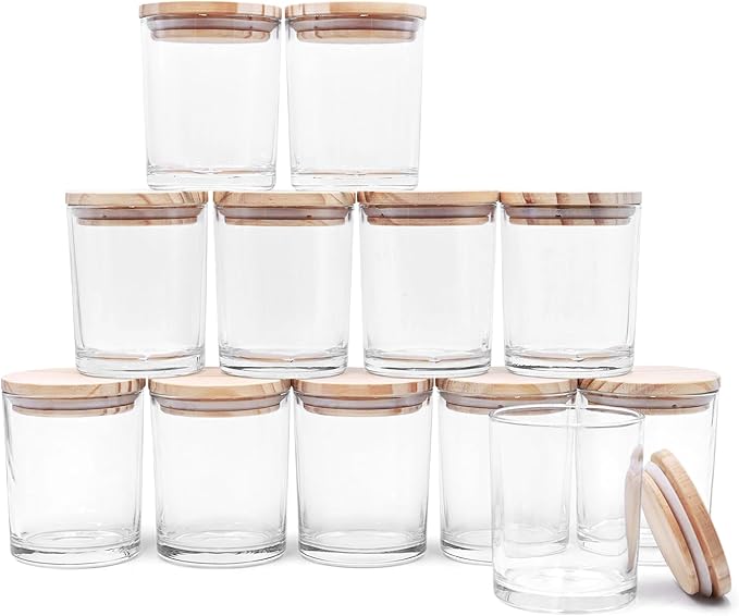 Thick Candle Jars for Making Candles 12 Pcs, 7 OZ Empty Jars with Wood Lids for Candle Making, Sample Container, Clear