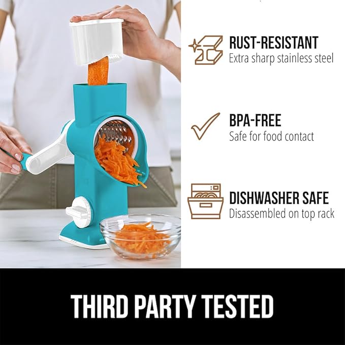 GORILLA GRIP BPA-Free Rotary Cheese Grater Hand Crank, Easy to Set Up, Strong Suction Base for Kitchen Countertop, Shred Potato, Vegetable, Nuts in Seconds, Round Mandoline Slicer, 3 Blades, Turquoise